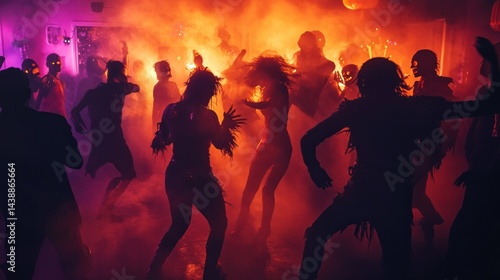 A Spooky Halloween Bash: Costumed Dancers Revel in the Nightlife Atmosphere