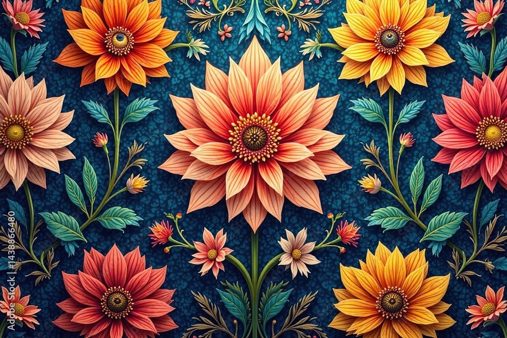 Intricate floral textile design, repeating motif, design element, surface Intricate floral textile design, repeating motif, design element, surface
