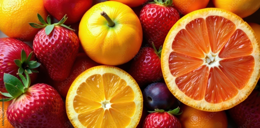 Brightly colored fruit arranged in a geometric shape, vibrant colors, still life, fruit Brightly colored fruit arranged in a geometric shape, vibrant colors, still life, fruit