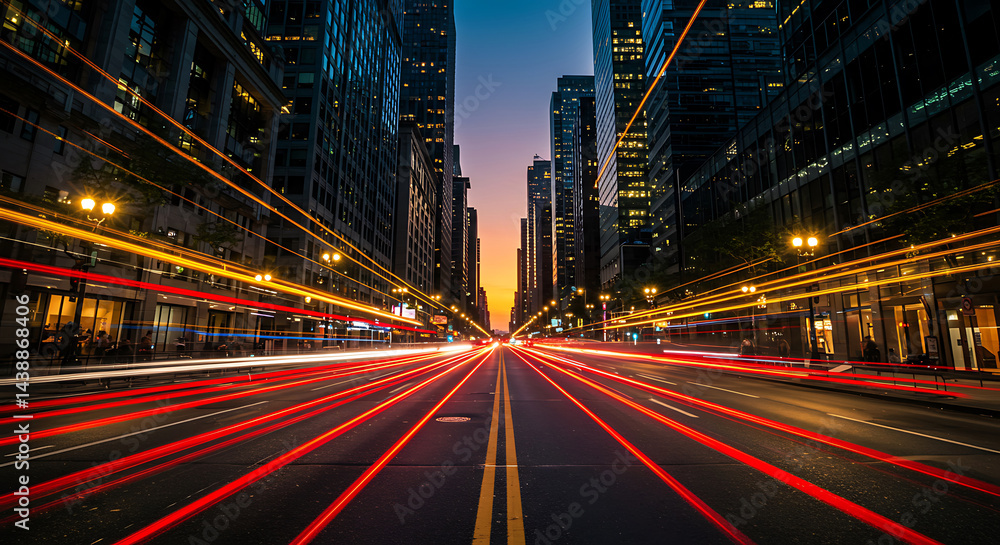 Obraz premium City street with dynamic long exposure light trails, urban landscape photography representing speed and modern life, perfect for website headers and presentations