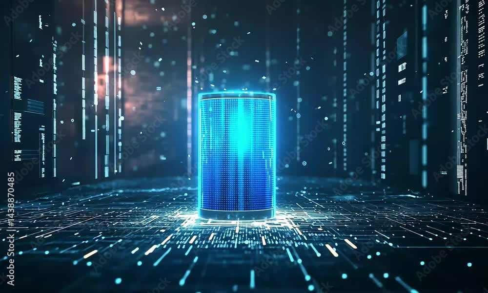 Futuristic digital core featuring glowing data streams and network architecture
