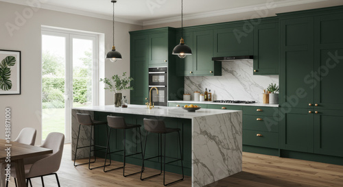 Emerald Elegance: Stunning Green Kitchen Design with Marble Accents & Modern Lighting - A Chef's Dream!