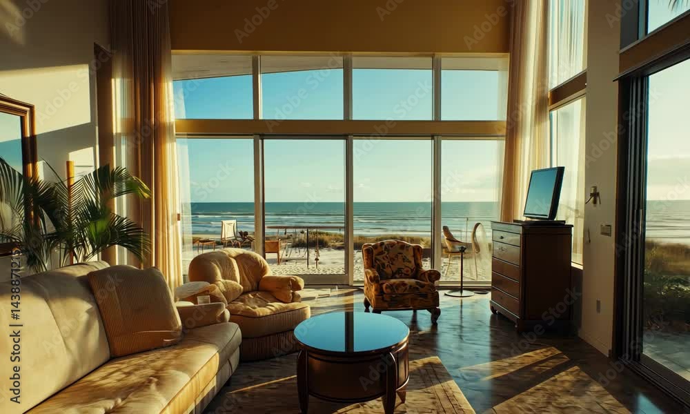 Luxurious beachfront living room with ocean views and natural sunlight Luxurious beachfront living room with ocean views and natural sunlight