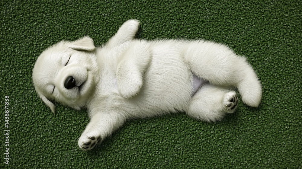 Fototapeta premium Sleeping golden puppy on green grass, relaxed and adorable