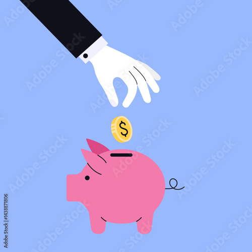 Oszczędzanie i inwestowanie. Dłoń wrzucającą monetę do różowej skarbonki, symbolizująca zarządzanie finansami osobistymi, planowanie budżetu i rozsądne gospodarowanie pieniędzmi