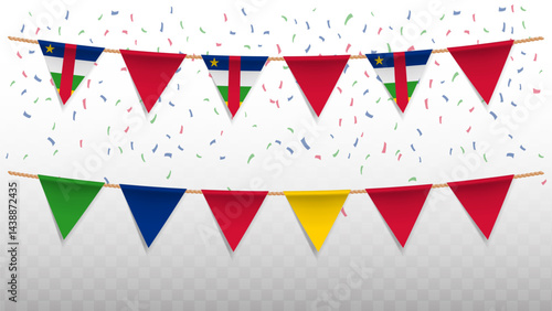 Vector illustration of the country flag of Central African Republic with confetti on transparent background. hanging triangular flag for Independence Day celebration.