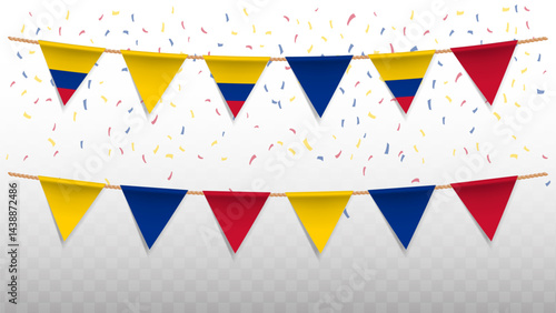 Vector illustration of the country flag of Colombia with confetti on transparent background. hanging triangular flag for Independence Day celebration.