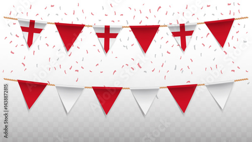 Vector illustration of the country flag of England with confetti on transparent background. hanging triangular flag for Independence Day celebration.