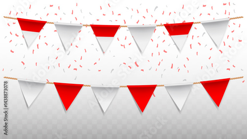 Vector illustration of the country flag of Indonesia with confetti on transparent background. hanging triangular flag for Independence Day celebration.