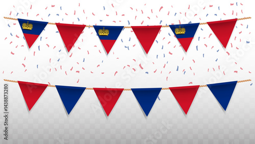 Vector illustration of the country flag of Liechtenstein with confetti on transparent background. hanging triangular flag for Independence Day celebration.