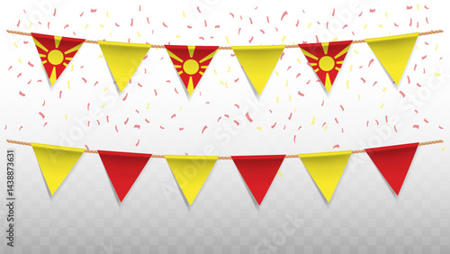 Vector illustration of the country flag of North Macedonia with confetti on transparent background. hanging triangular flag for Independence Day celebration.