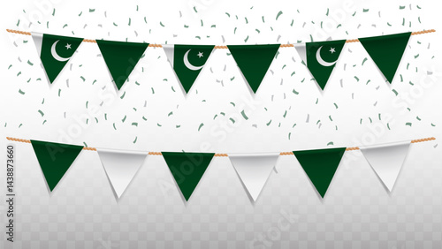 Vector illustration of the country flag of Pakistan with confetti on transparent background. hanging triangular flag for Independence Day celebration.