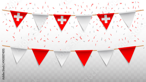 Vector illustration of the country flag of Switzerland with confetti on transparent background. hanging triangular flag for Independence Day celebration.
