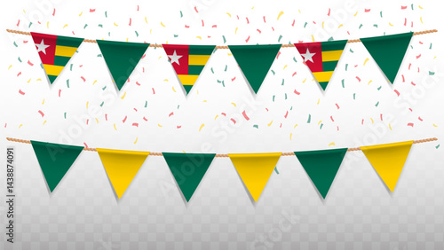 Vector illustration of the country flag of Togo with confetti on transparent background. hanging triangular flag for Independence Day celebration.