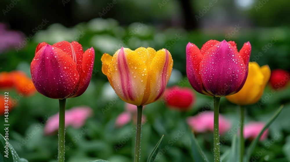 Fototapeta premium Colorful tulips in a park garden, vibrant blossoms