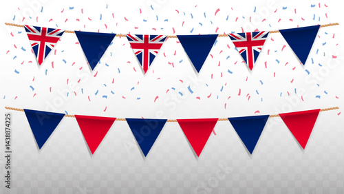Vector illustration of the country flag of United Kingdom with confetti on transparent background. hanging triangular flag for Independence Day celebration.