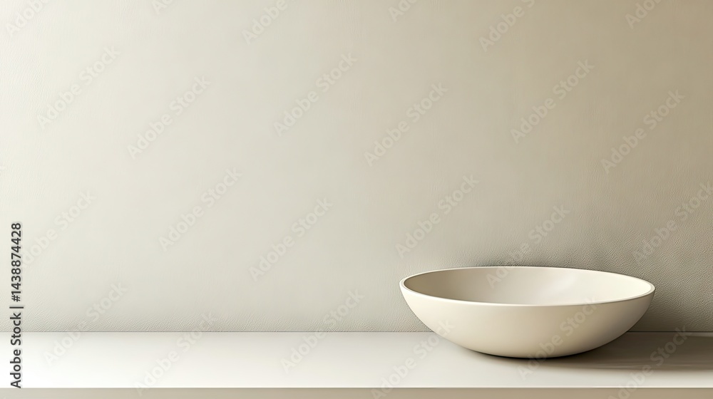 Empty, simple bowl resting on a light shelf against a neutral backdrop. Empty, simple bowl resting on a light shelf against a neutral backdrop.