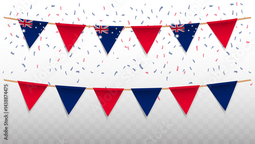 Vector illustration of the country flag of Australia with confetti on transparent background. hanging triangular flag for Independence Day celebration.
