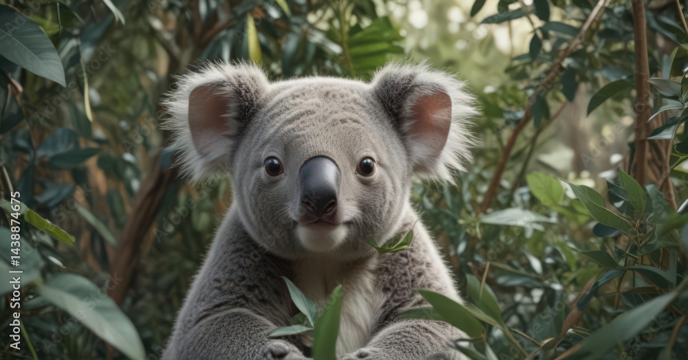 Fototapeta premium Adorable koala joey nestled amongst eucalyptus leaves, seamless repeat , green, wildlife