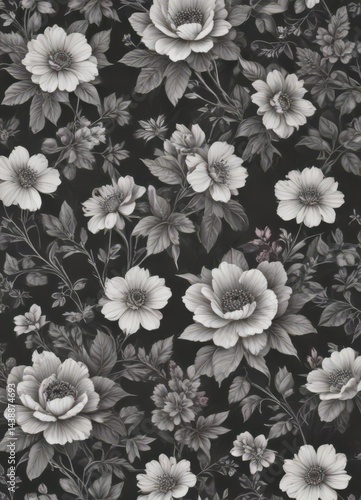 Subtle charcoal floral wallpaper, delicate small blooms on a seamless pattern , minimal, art