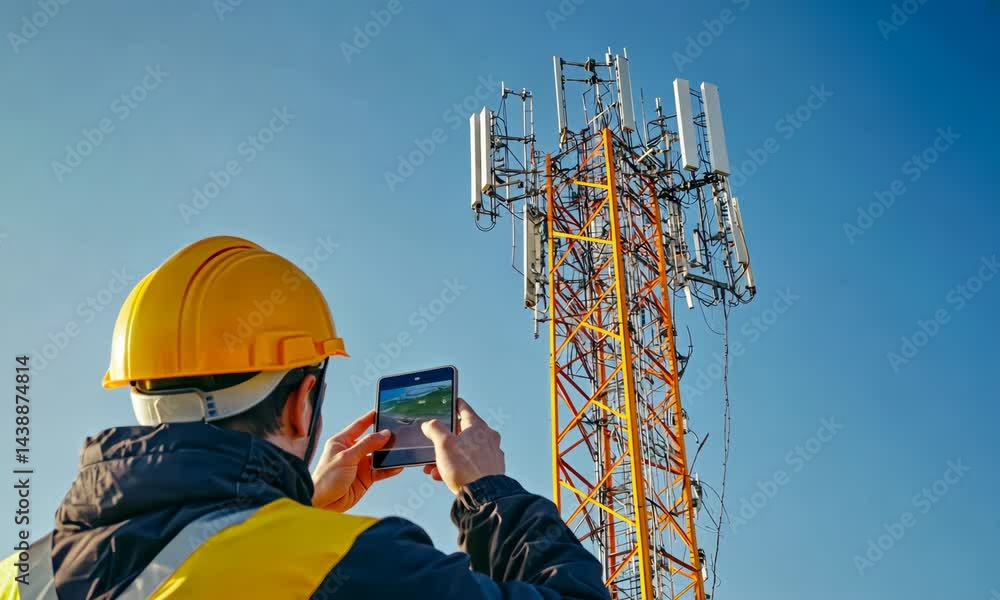 Technician capturing telecommunication tower image with smartphone on clear day Technician capturing telecommunication tower image with smartphone on clear day