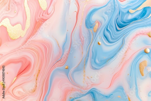 Serene pink blue gold marble texture swirls abstract art background design elegant fluid painting pastel colors