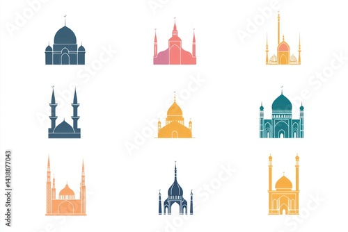 Nine colorful mosque icons in various architectural styles.