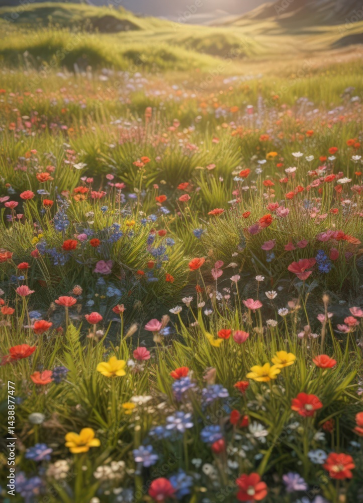 Vibrant wildflowers carpet sun-drenched meadow, botany, life, delicate Vibrant wildflowers carpet sun-drenched meadow, botany, life, delicate