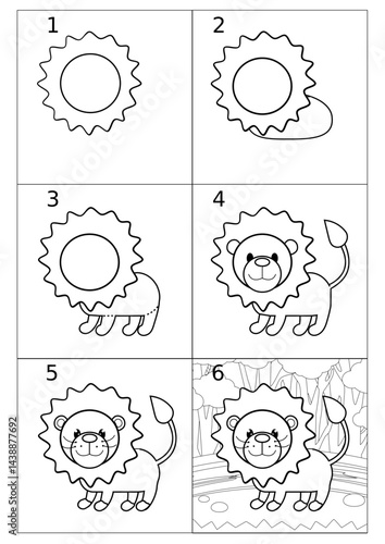 A simple picture for children, an explanation of how to draw a cartoon lion. Animals made of simple shapes, animals for the alphabet, coloring, vector graphics.
