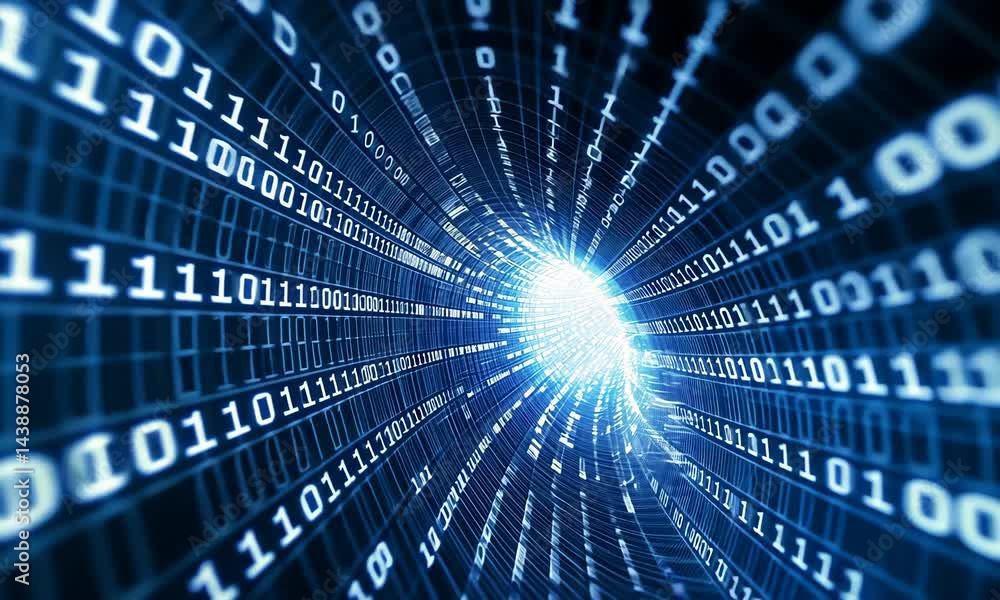 Futuristic digital data tunnel with glowing binary streams and dynamic motion