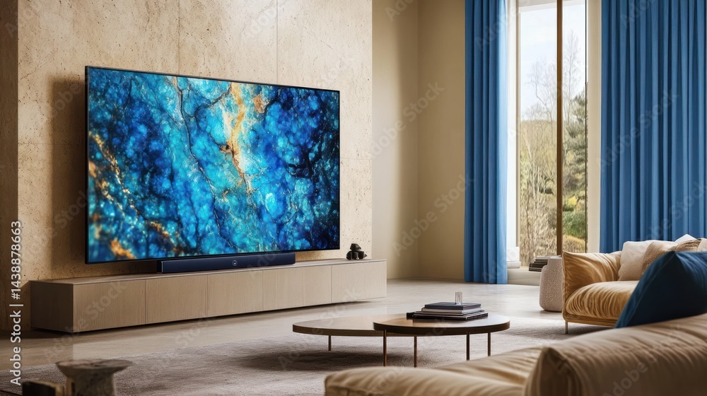 Modern living room, large TV displaying abstract art, sunlit background, home entertainment Modern living room, large TV displaying abstract art, sunlit background, home entertainment