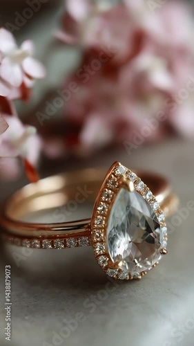 A close-up of a pear-shaped diamond engagement ring with a halo setting, displayed beside delicate pink flowers.