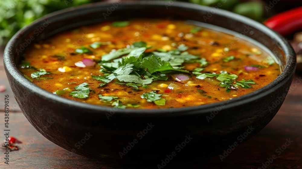 Spicy lentil soup in dark bowl on rustic wood, fresh herbs, vegetables Spicy lentil soup in dark bowl on rustic wood, fresh herbs, vegetables