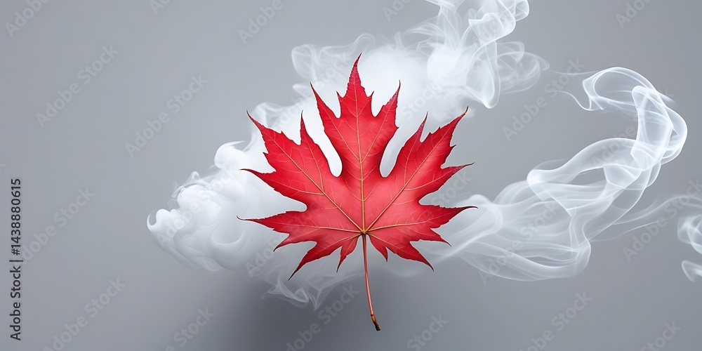 Fototapeta premium Vivid red maple leaf resting on a swirling bed of white smoke and mist, creating a bold contrast that symbolizes autumn, nature, and national identity. 