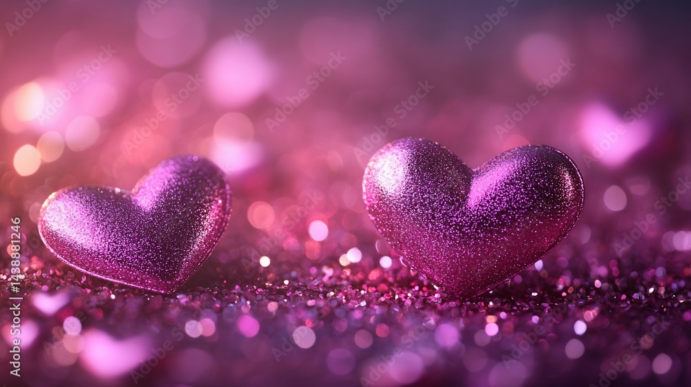 Obraz premium Sparkling Heart Emblems on Bed of Glitter, Romantic Valentine's Decoration