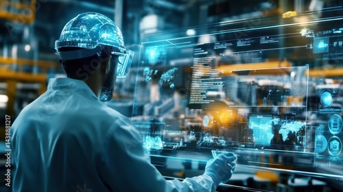 Factory worker interacting with augmented reality displays