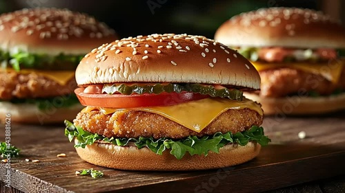 Delicious chicken burgers with fresh ingredients on wood