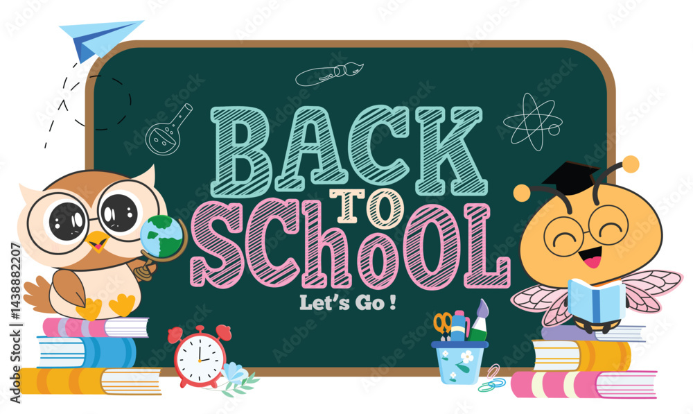 Back to school greeting clipart template design. School colorful greeting text in chalkboard educational elements clip art with cute owl and bee animal character sitting in books vector illustration.