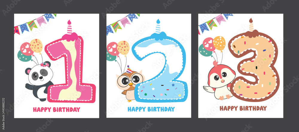 Happy birthday party clipart poster set design. Birthday greeting text with colorful numbers, age, animal character, pennants and balloons clip art collection birth day card layout template vector