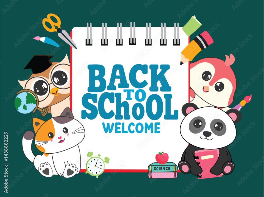 Welcome back to school greeting clipart design. School text in notebook with animal characters like owl, cat, bird, panda and educational supplies clip art in green background template vector