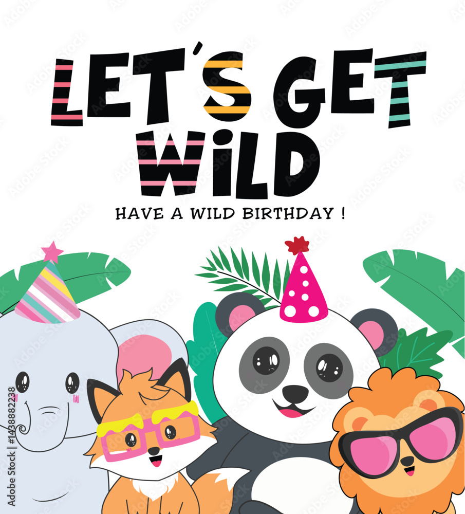 Naklejka premium Wild birthday greeting clipart poster design. Wild animal characters for birthday card template clip art like elephant, fox, panda bear and lion wearing party hat and sunglasses with bday greeting 