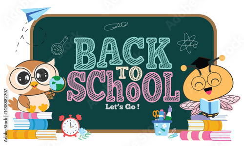 Obraz na płótnie Back to school greeting clipart template design. School colorful greeting text in chalkboard educational elements clip art with cute owl and bee animal character sitting in books vector illustration.
w salonie