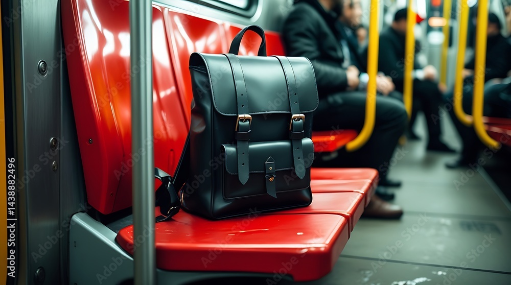 Fototapeta premium Sleek black leather backpack left unattended on a red subway seat, emphasizing urban lifestyle, travel essentials, and security awareness in public transportation settings. 
