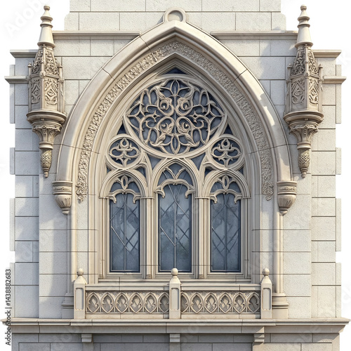 Gothic arched windows with ornate tracery and architectural stone details, historical facade element, clear background --v 7.0