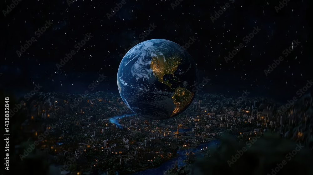 Naklejka premium Earth above city at night, starry sky