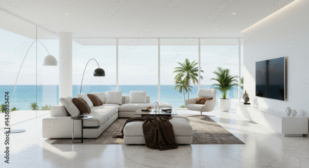 Fototapeta premium Coastal Chic Living: Modern Interior with Ocean Views, Luxurious Couch, & Minimalist Design for Ultimate Relaxation.