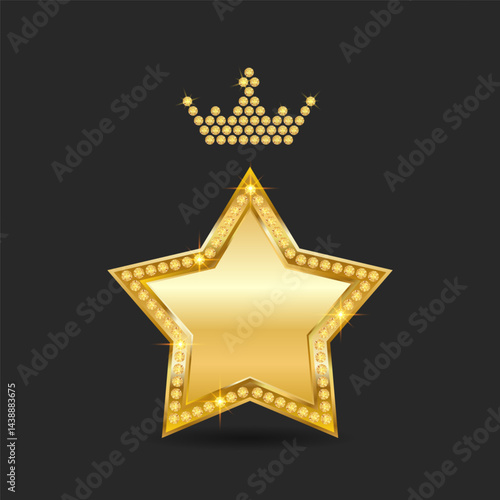 Golden five pointed star with diamonds and crown. Vector illustration isolated on black background