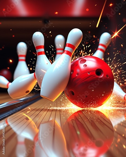 Red bowling ball strikes white pins with intense motion and sparks, capturing the energy and impact of a perfect hit in a dramatic, high-speed sports moment
