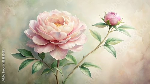 A Delicate Bloom Pastel Peony and Bud on a Stem with Lush Green Foliage
