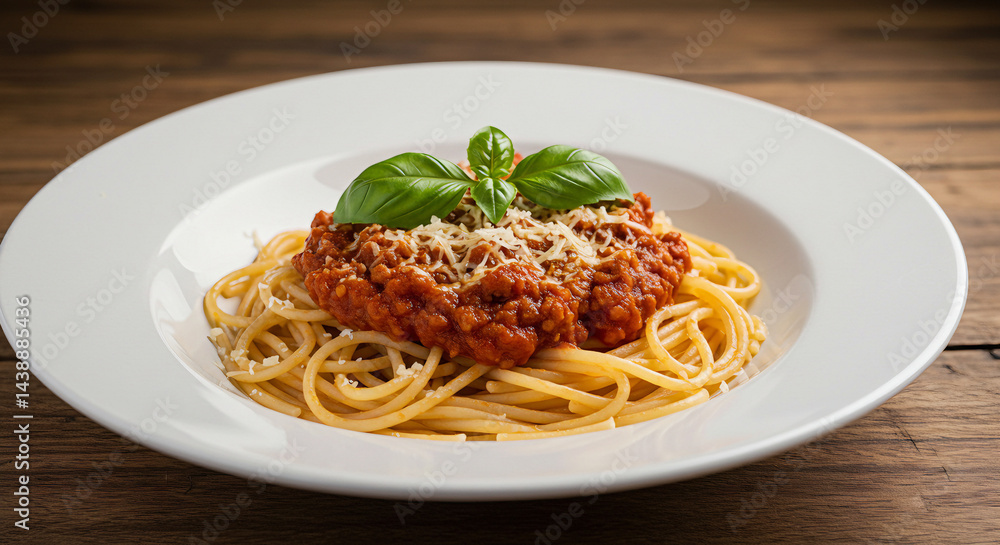Delicious Spaghetti Bolognese with Fresh Basil and Parmesan Cheese on a White Plate Delicious Spaghetti Bolognese with Fresh Basil and Parmesan Cheese on a White Plate